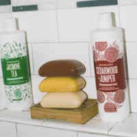 shower with body wash and 3 bar soaps stacked on soap dish